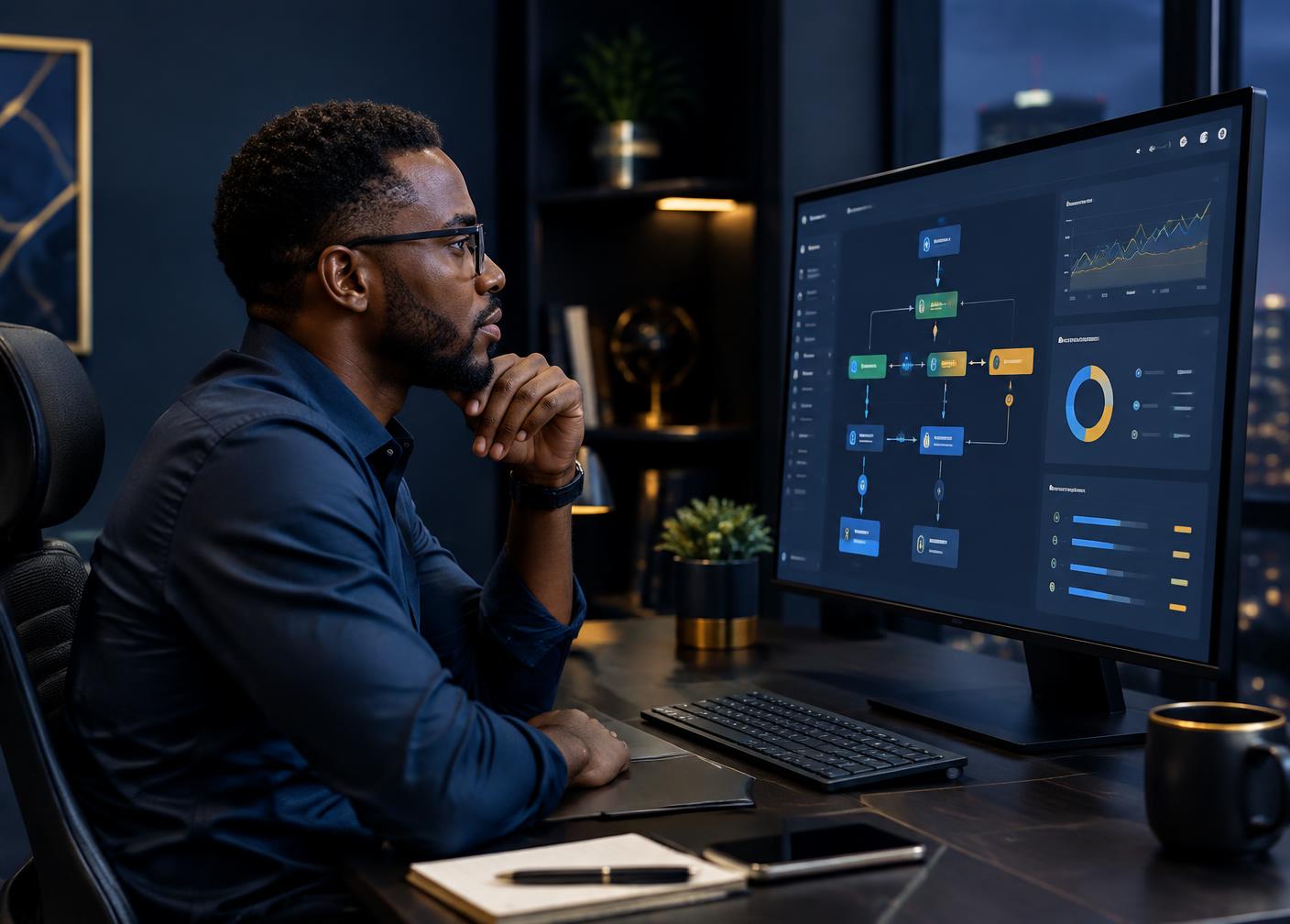 An analyst reviewing a workflow automation dashboard