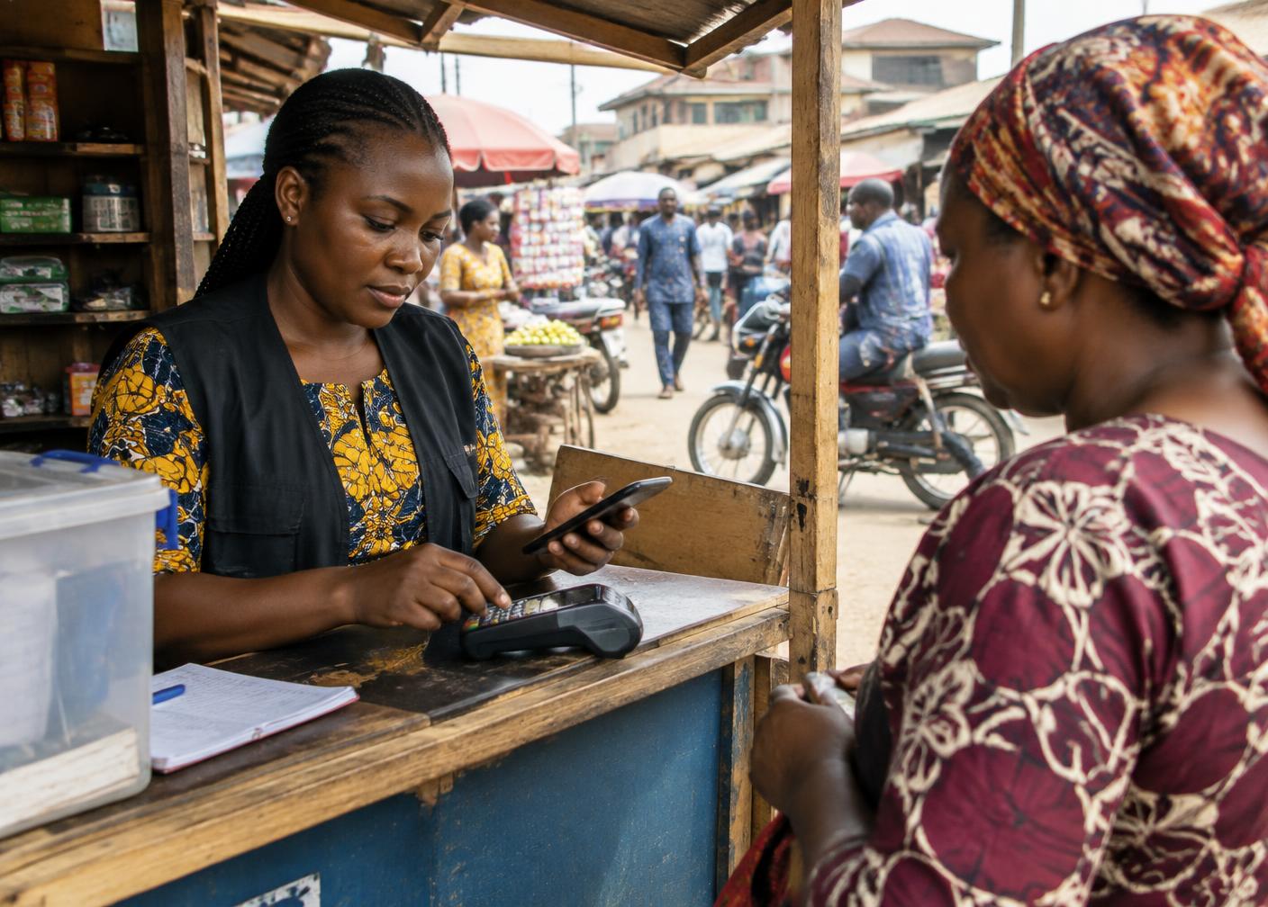 An agency banking agent serving a customer with a POS terminal at a market kiosk